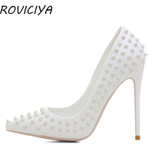 White Women High Heels Pumps with Rivet Classic Pointed Toe 12cm Stiletto Party Wedding Shoes plus size MD026 ROVICIYA