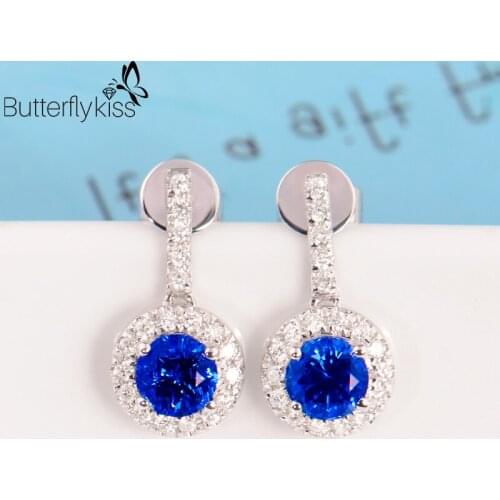 BK 18K White Gold Stud Earrings For Women Natural Sapphire Gemstone 1.84g Genuine Gold 585 Wedding Party Luxury Jewelry Gifts
