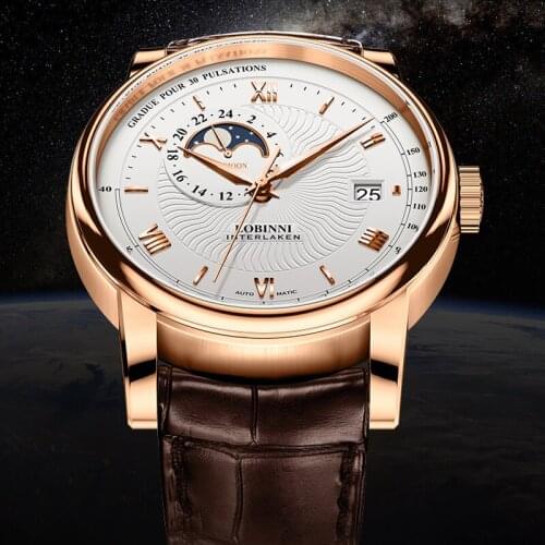 LOBINNI Classic Sapphire Moon Phase Mechanical Watches Automatic Mens Genuine Leather Watch Relogio Masculino Dropship