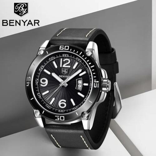 BENYAR New Mens Watch Luxury brand Quartz Watch Waterproof Fashion Casual Genuine Leather Digital Luminous Clock Orologio Uomo