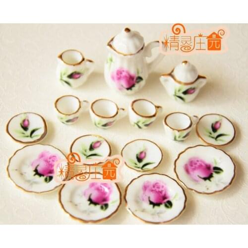 G05-X4327 children baby gift Toy 1:12 Dollhouse mini Furniture Miniature rement ceramics tea set 15pcs/set rose