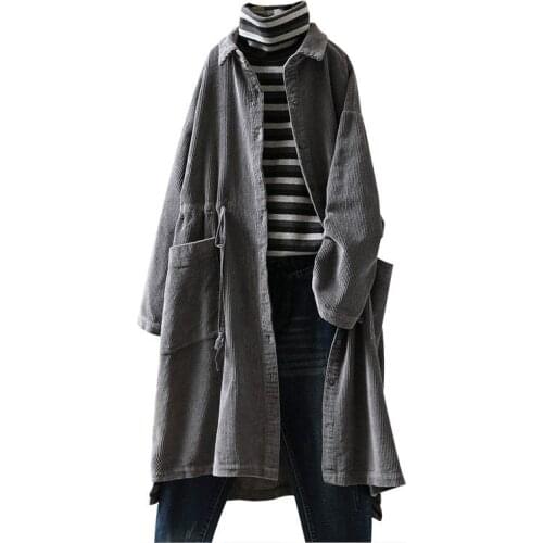 Spring Autumn Retro Corduroy Long Trench Coat With Pocket Doll Collar Shirt Coat Casual Loose Windbreaker Female Blusa Top f1161