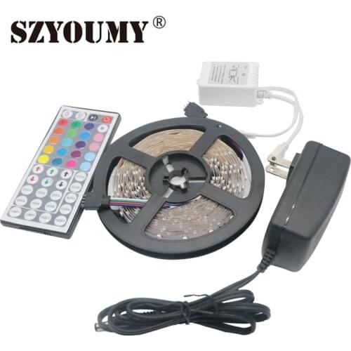 SZYOUMY Colorful 5M 3528 SMD RGB 300 LED Strip Flexible IP20 Light with 44key Remote Controller DC12V with 2A Adapter