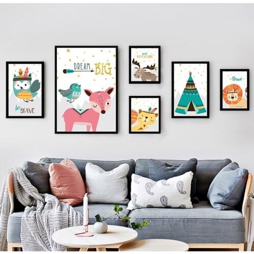 Painting Wall Pictures Kids Room Decor Bear Fox Lion Owl Raccoon Tent Dream Quotes Nordic s And Prints Wall Art Canvas