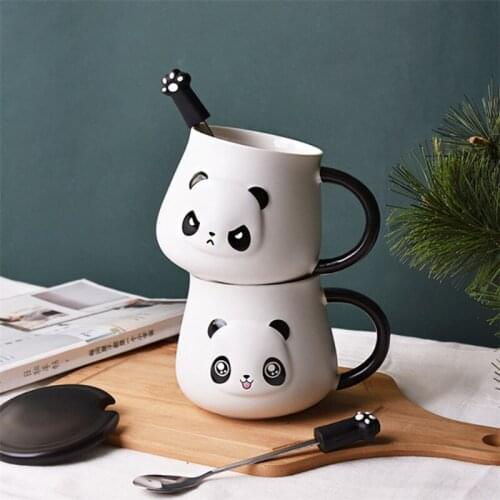 Nordic Large Capacity Cute Embossed Panda Ceramic Coffee Mug with Lid and Spoon Creative Home Breakfast Milk Mug Couple Tea Cup