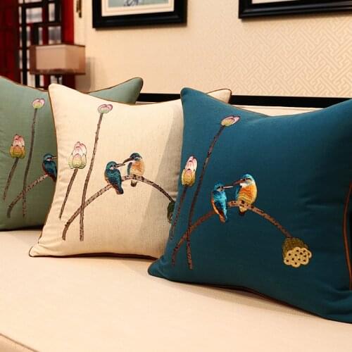 Chinese Classical Lotus Bird Embroidery Throw Pillow Cover Cotton Linen Sofa Cushion Cover Buddhism Tendency Home Decoration