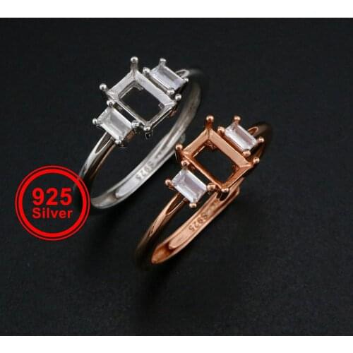 4x6MM Rectangle Prong Ring Settings Three Stone Rose Gold Plated Solid 925 Sterling Silver Adjustable Ring Bezel 1294244