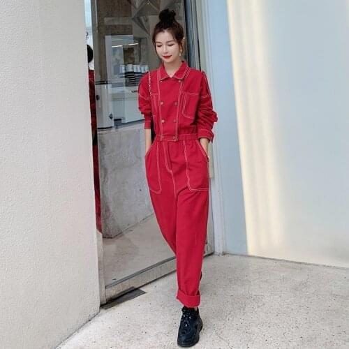 Red One Piece Pants Women Long Sleeve Double Breasted Loose Casual Jumpsuit Overalls Female Streetwear Hip Hop Harem Trouser
