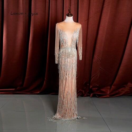 Lemon joyce 2020 Formal Evening Dresses Long Sleeve O-neck Illusion Backless Back Slit Floor length Lady Party prom Gown