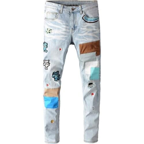 Richkeda Store New 2021 Mens Bear Embroidery Patchwork Light Blue Jeans Streetwear Holes Ripped Stretch Denim Skinny Jeans