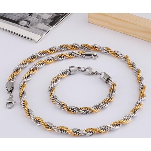 24''+8.26'' Choose 8mm/6mm Stainless Steel Jewelry Set Twist Rope Necklace Bracelet gold with gold
