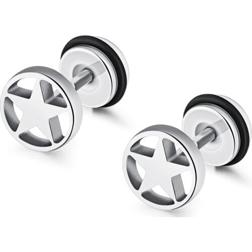 Punk Style star Studs Titanium Round Stud Earrings Mens Jewelry Rock Gold color Unisex Stainless Steel Earring 3 Colors