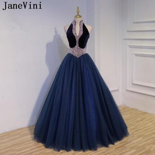 JaneVini Vestidos Luxurious Pearls Crystal Mother of Bride Dress A Line High Neck Navy Blue Evening Dress Vestido De Festa Longo