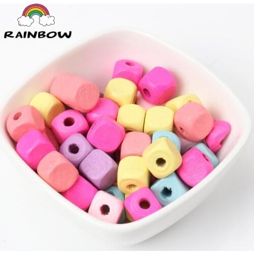 Mixed Colors Square Pattern Wooden Material Cube Unfinished Geometric Natural Spacer Beads For Jewelry making DIY 10mm 50pcs