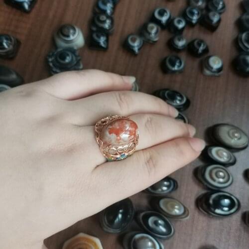 Rare and precious natural coral fossil ammonite ring Big stone cloisonne s925 silver inlay Gem collection jewelry Orange pink
