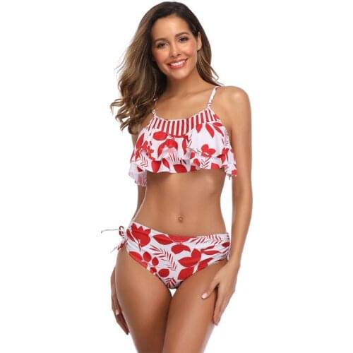 Women Tropical Leaf Sexy Bikini Set Flounce Top Side Drawstring Bottoms Swimsuit