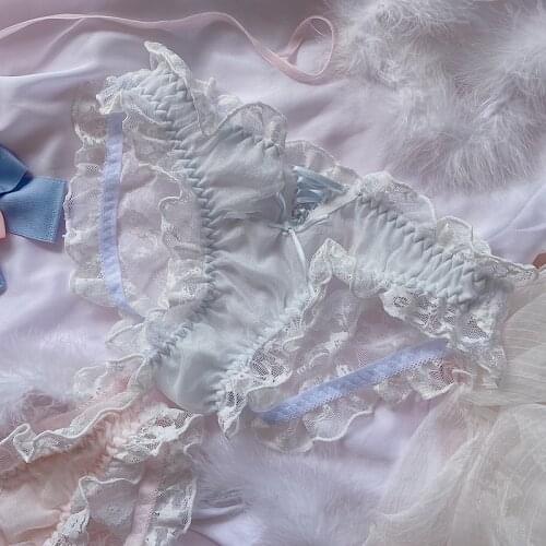 Sweet Cute Sexy Underwear Women Girls Thong Panties Briefs Hollow Out Ruffles Blue Pink Kawaii Seamless Lingerie Lace Panty New