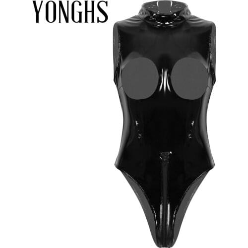 Womens Erotic Lingerie Latex Bodysuit Wetlook Patent Leather High Neck Open Cups Double Zipper Sexy Leotard Bodysuit Nightwear