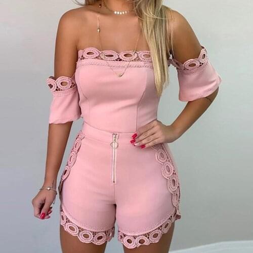 Womens Off Shoulder Tops Hollow Out Lace Shorts Suits Plus Size Short Sleeve Womens Sexy Set 2021 Summer Streetwear Two Pieces