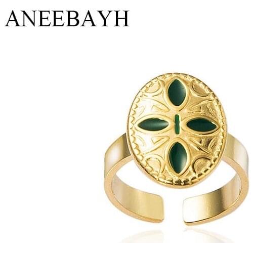 Vintage Stainless Steel Geometric Open Rings For Women Statement Black Green Enamel Oval Shape Finger Rings Adjustable Jewelry