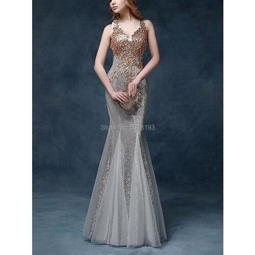 10278 Silver V-neck Empire Mermaid/Trumpet Floor-Length Sequins Long Evening Dresses/Formal Gowns Gold Appliques Free Shipping