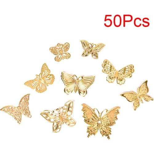 50Pcs/Set Charms Craft Gold Metal Filigree Hollow Butterfly DIY Jewelry Making Wholesale
