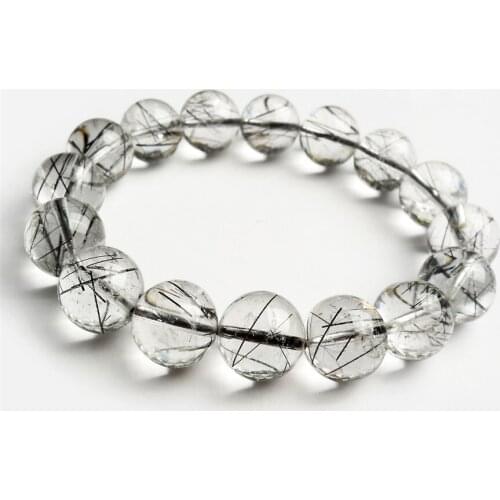 13mm Brazil Natural Black Hair Rutilated Quartz Crystal Round Bead Bracelet Women Men Powerful Charm Stretch Bracelet