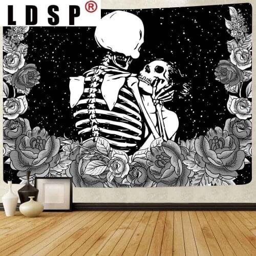 LDSP Abstrct The Kissing Lovers Tapestry Black and White Skeleton Flower Art Wall Hanging Tapestries for Living Room Home Decor
