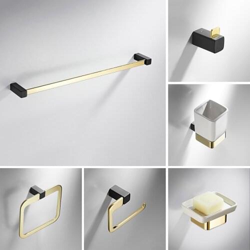 Bathroom Accessories Bath Hardware Set Black Gold Brass Towel Bar Paper Holder Towel Ring Toothbrush Holder Robe Hook Soap Dish
