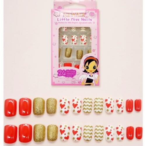24Pc/Set Children Short False Nails Art Girl Kids Cartoon Adhesive Harmless Decor Full Wrap Fake Glue Nails Tips