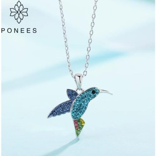 PONEES New Fashion Colorful Crystal Hummingbirds Pendant Necklace For Women Bird Necklace Jewelry For Christmas Birthday Gifts