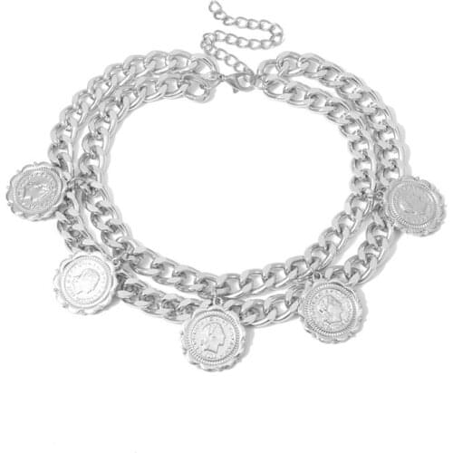 Exaggerated Punk Cuban Chunky Chain Necklace Collar Statement European&America Fashion Queen Coin Pendant Necklace Women Jewelry