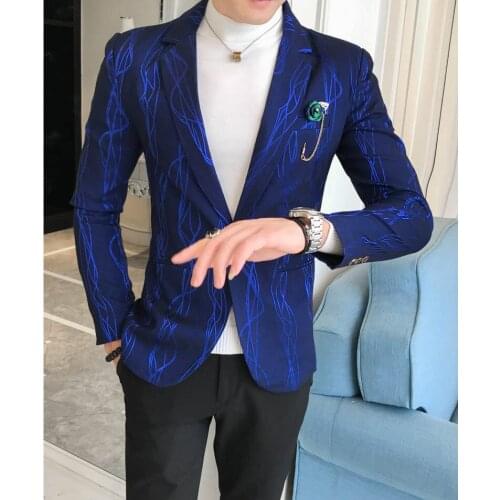 2020 Casual Blue Floral Printing Jacket for Men Slim fit Men Prom Party Wedding Blazers Fashion Singer Stage Perfermance Costume