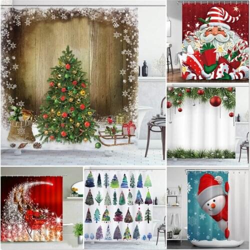 Christmas Shower Curtain Santa Claus Snowman Merry Christmas Bathroom Screen Bathroom Decor Waterproof Fabric Cloth Curtains