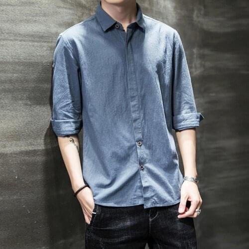 Summer Men 3/4 Sleeve Lapel Collar Casual Solid Color Cotton Linen Slim Shirt Streetwear Social Dress Shirts Men
