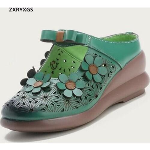 2021 New Summer Classic Flowers Fashion Slipper Womens Sandals Round Toe Hollow Genuine Leather Sandals Wedges Slippers Shoes