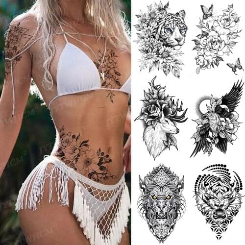 Temporary Tattoo Sexy Floral Tattoos For Women Fake Tattoos Lion Tiger Wolf Geometry Body Art Stickers Waterproof Mens Ladies