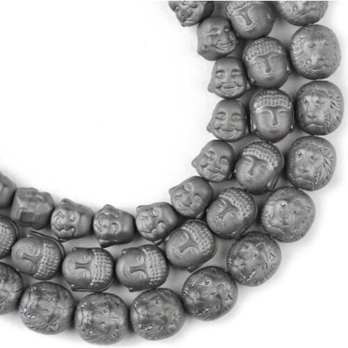 YHBZRET Matte Black Hematite Lion Buddha Maitreya head Natural Stone Spacer beads For Jewelry making bracelet DIY Accessories