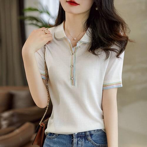 2021 Women Knitted Summer T Shirt Turn-down Collar Short Sleeve Tshirt Fashion Stripe Button Up Loose Top Tee Shirt