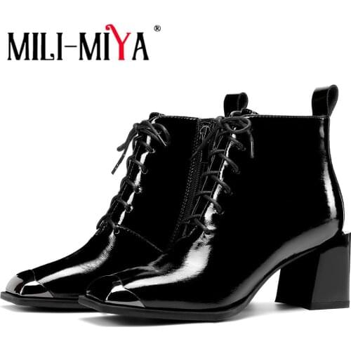 MILI-MIYA Fashion Women Chunky High Heel Ankle Boots Patent Leather Lace Up Zipper Metal Square Toe Wedding Party Shoes Wine Red