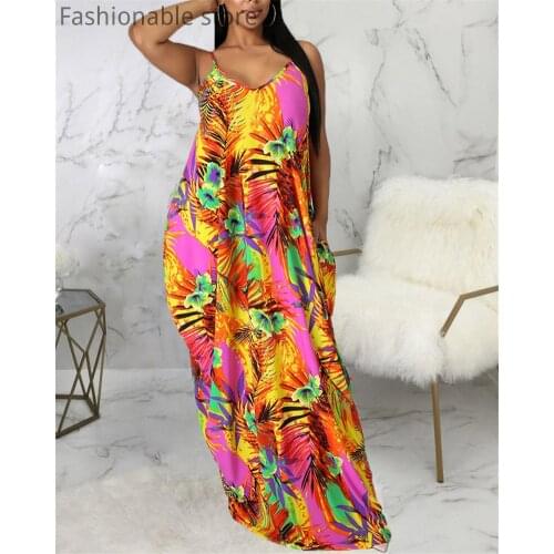 Women Print Pockets Design Maxi Dress Loose Sleeveless Spaghetti Strap Backless A-Line Dress
