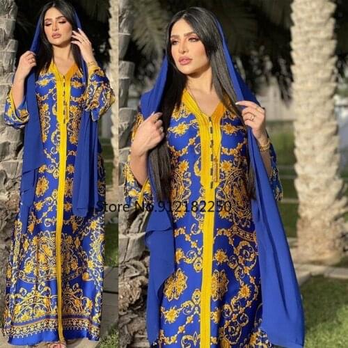 Vintage Ethnic Print Hijab Dress for Women 2021 Middle East Arabic Dubai Turkey Oman Kuwait Moroccan Kaftan Blue Abaya