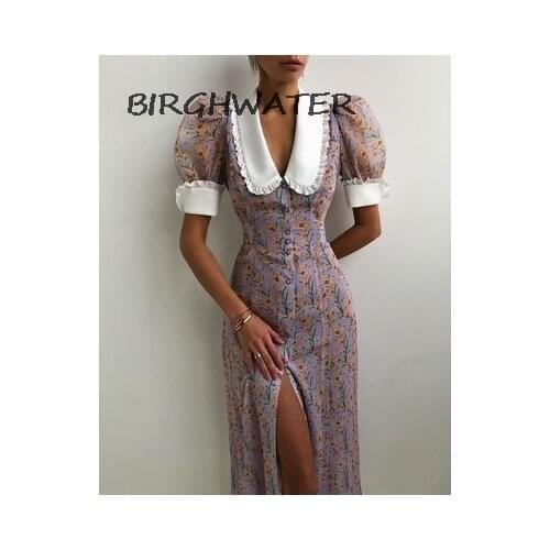 Women Summer Dress Vintage Floral Printed Sweet Puff Sleeve Waist Midi Dress 2021 Elegant Party Long Dresses