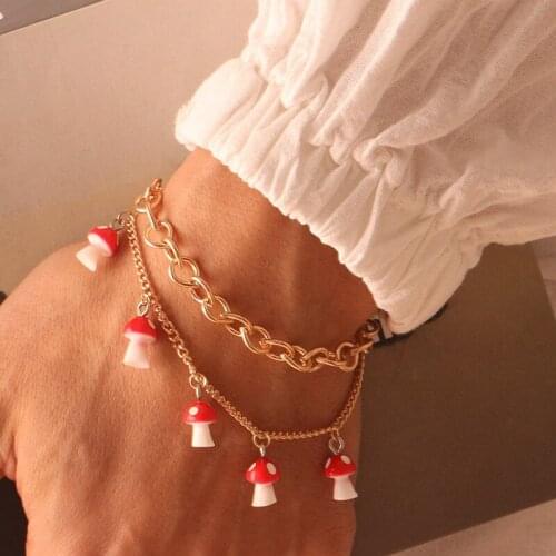 MUSHROOM BRACELET Toadstool Amanita Muscaria Jewelry for Women Double Layer Stackable Chain Bracelet Indie Aesthetic 18+5cm KJ3E