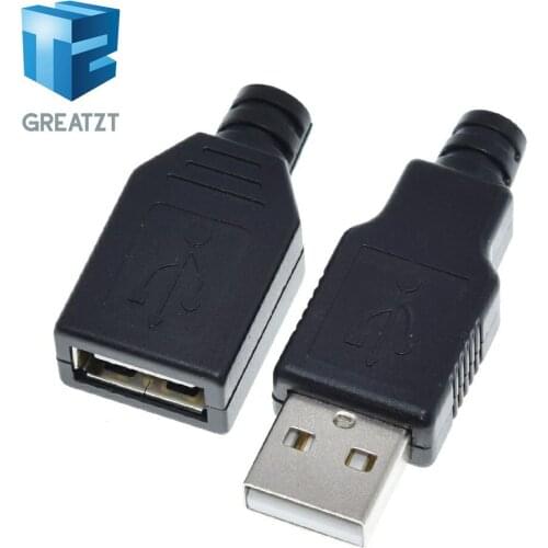 1Set Type A Male USB 4 Pin Plug Socket Connector +Type A Female USB 4 Pin Plug Socket Connector With Black Plastic Cover For DIY