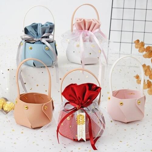 6Pcs Handheld Leather Bucket Round Boxes Gifts Presents Handheld Packaging Box for Party Wedding Decoration Candy Bag