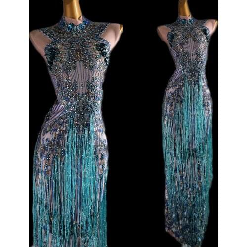 Jazz Costume Sparkly Blue Fringes Long Dress Singer DJ DS Performance Tassels Dresses Celebrate Glisten Rhinestones DT832-1