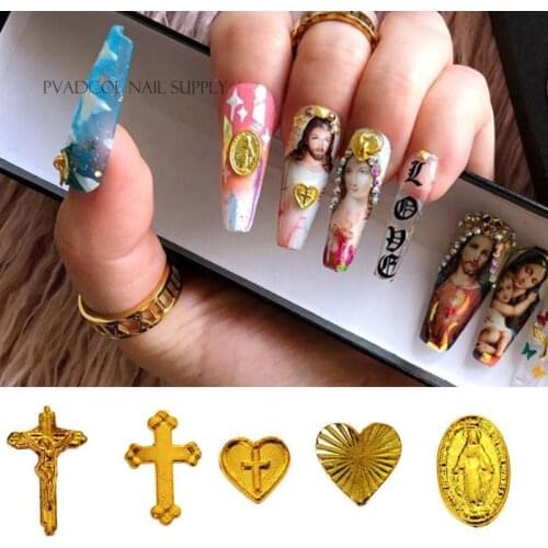 Cherub Nails Jesus Heart Cross Shape 3D Metal Nail Art Alloy Charms Gold Plated Salon Tips Manicure Decoration