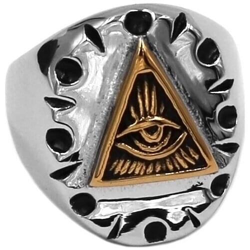 Illuminati Pyramid Eye Ring 316L Stainless Steel Jewelry Gold All Seeing Eye Motor Biker Men Boys Ring Wholesale SWR0940A
