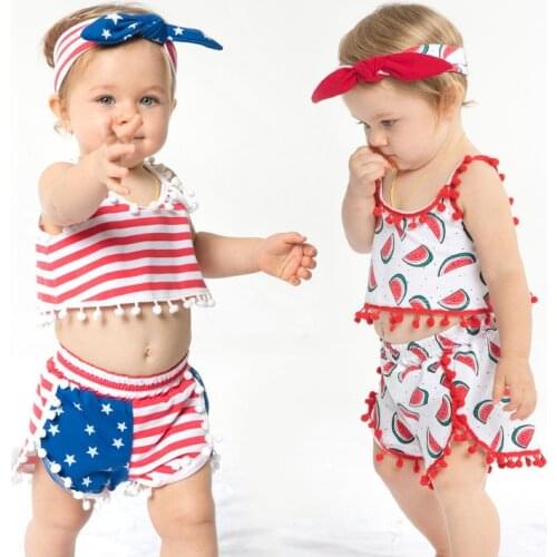 Summer Cute Baby Girls Romper Jumpsuit Headband Watermelon Printed Outfits Sunsuit Set New 1-4T Children Kids Clothes Hot